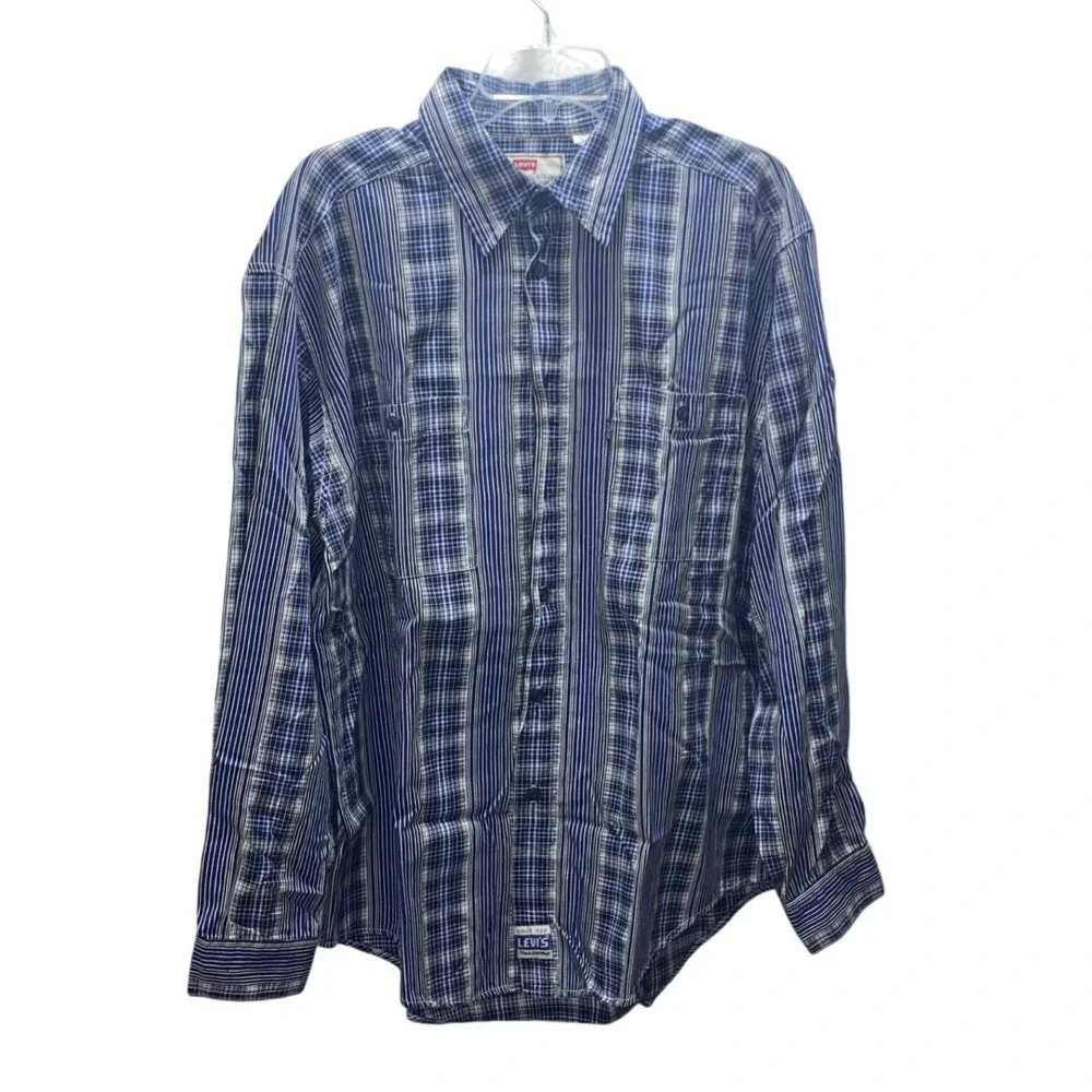 Levis Mens Large Blue‎ Mixed Plaid Striped Long Sleeve Button Up Shirt Cotton